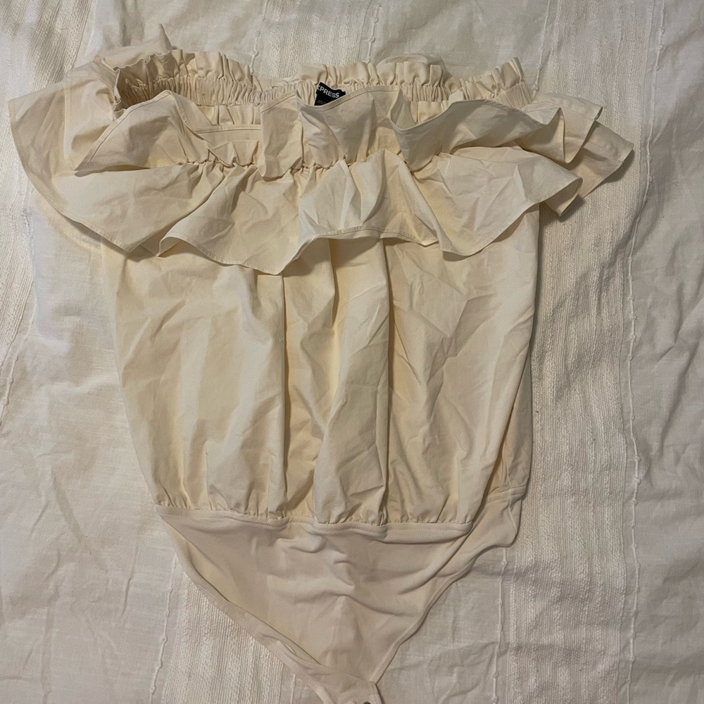 Express Cream Ruffle Off-Shoulder Bodysuit